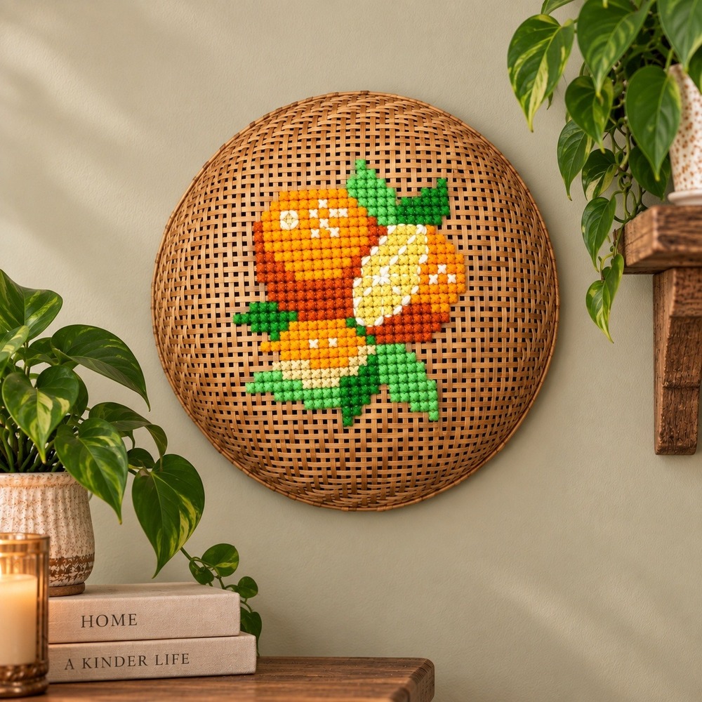 Vintage Woven Rattan Basket Yarn Embroidered Floral Folk Art Boho Wall Decor